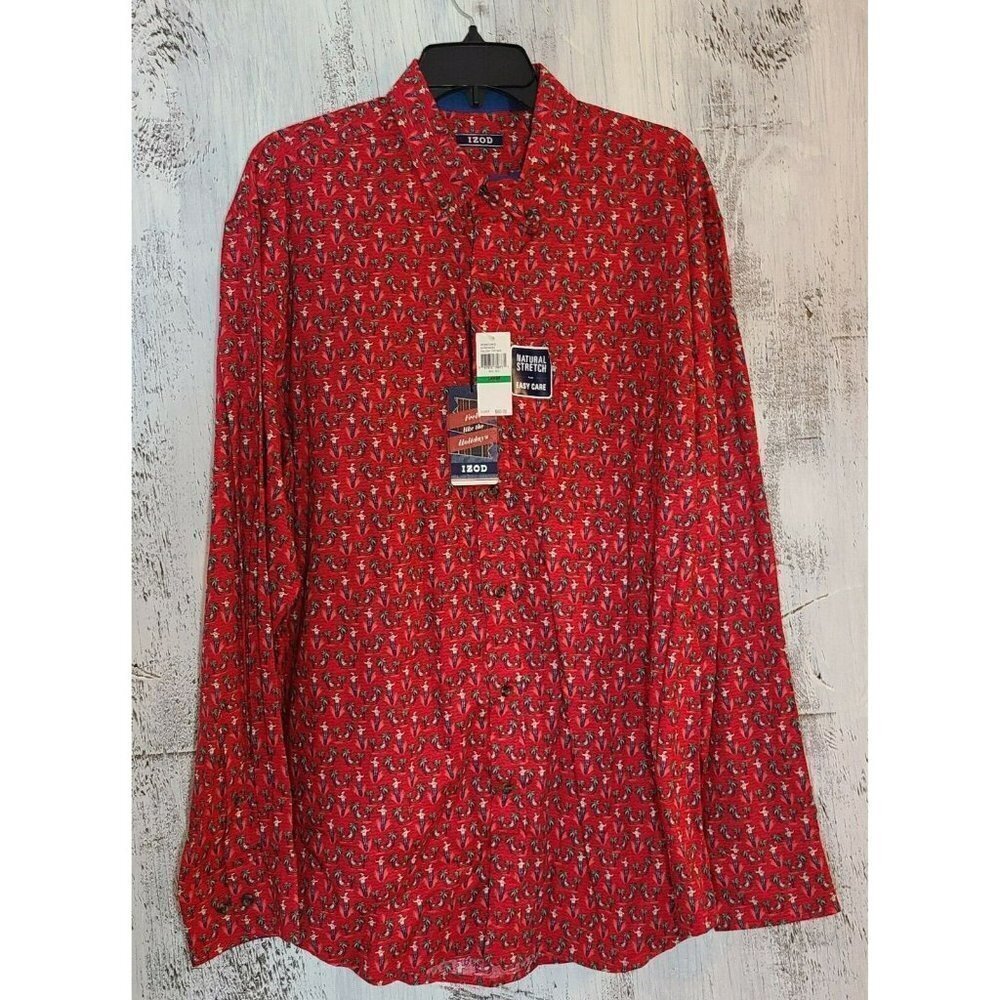 Christmas Shirt  Mens Izod Button Down Red Santa Beach Holiday  Large New